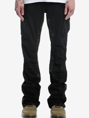 NWT American Stitch Menβs Black Cargo Flare Pants - Camo Panels - Size 34